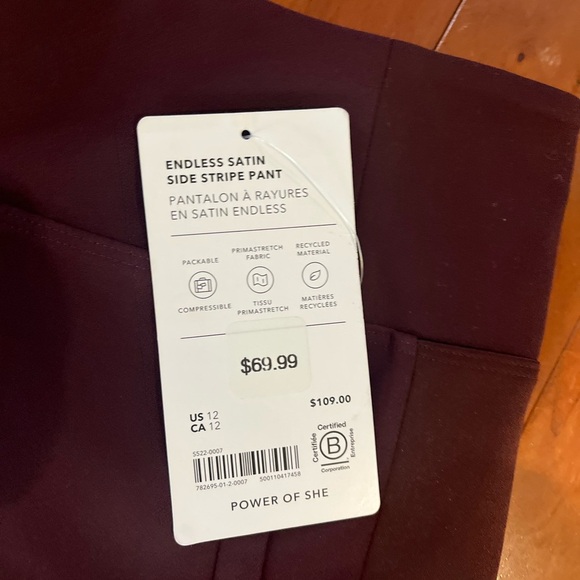 Athleta NWT Trousers Ladies Sze 12 Burgundy w/Satin Stripe Down Side LW Stretch - Picture 4 of 8